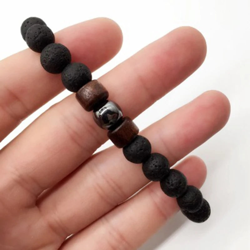 8mm Volcanic Stone Bracelet for Men Lava Wooden Beads Bracelet Tibetan Buddha Male Wrist Chain Jewelry Handmade Elastic Bracelet
